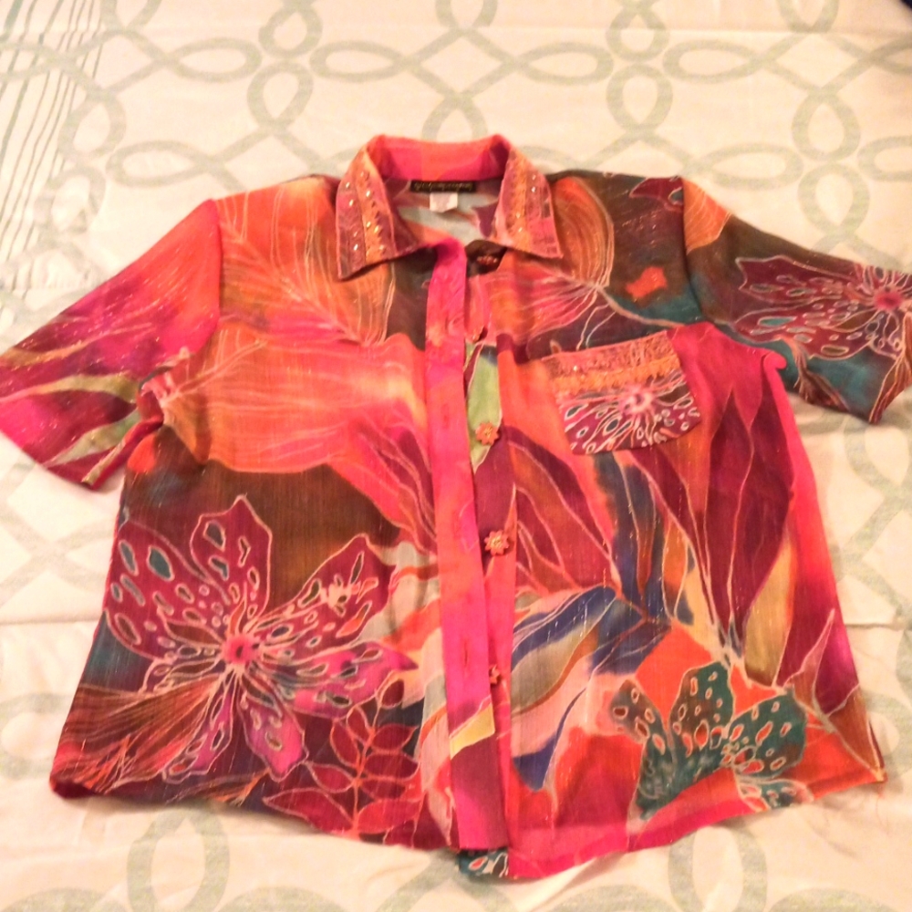 AJ Clothing Company Miami vintage flowery Sheer Shirt/ Blouse